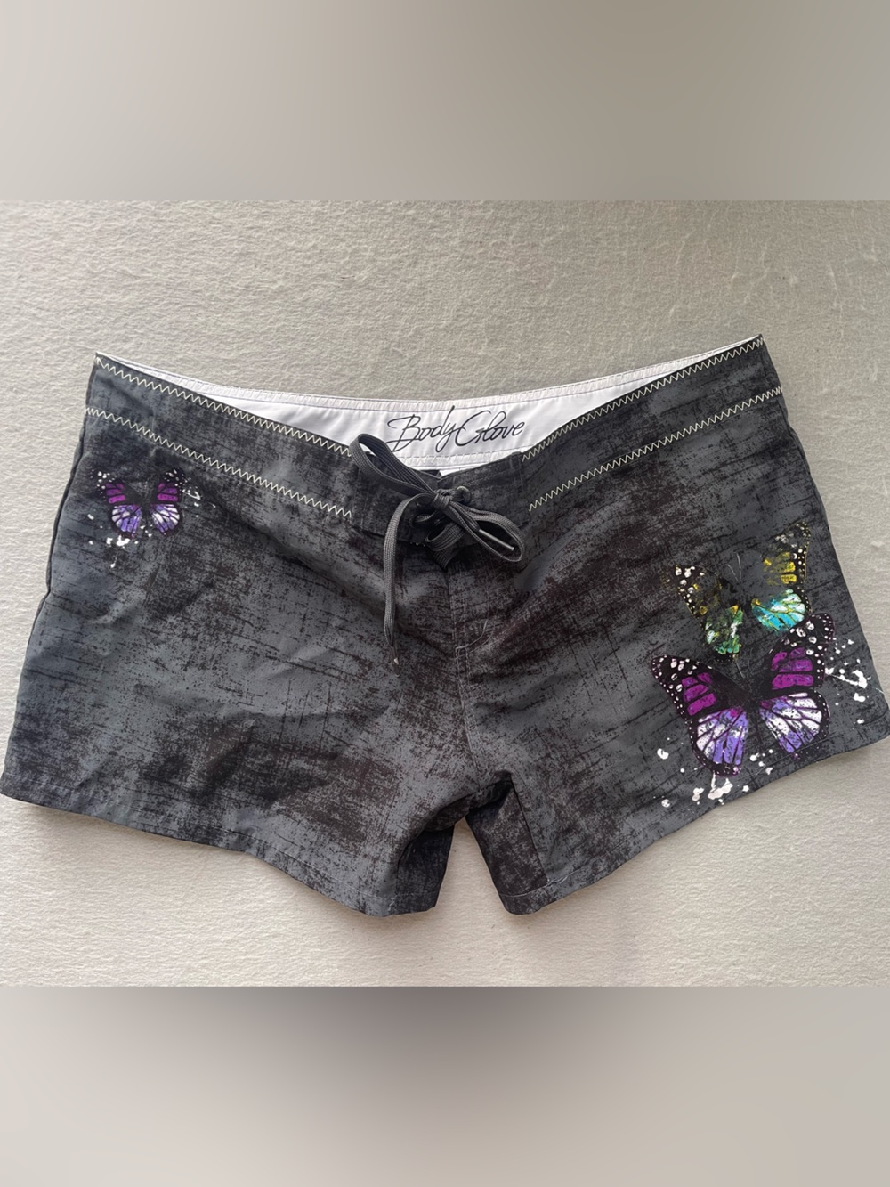 Body Glove Butterfly Board Shorts Women’s Large Gray Surf Swim Drawstring Y2K
